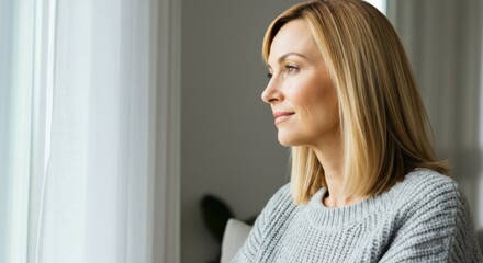 Naklejka premium Contemplative caucasian mature woman looking out window in natural light