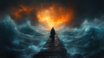 Fototapeta premium Silhouette figure walks path through stormy sea towards fiery sky