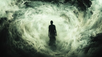 Fototapeta premium Silhouette figure walks through swirling ethereal clouds