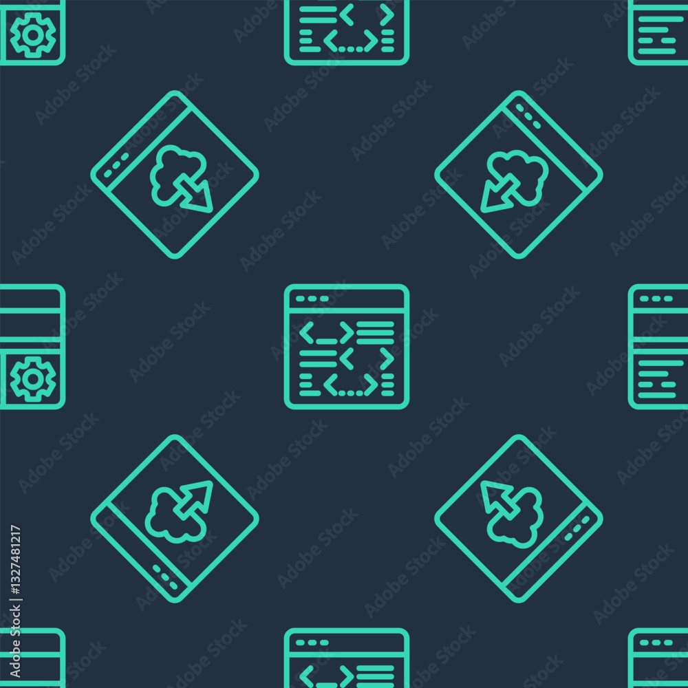 Poster set line software, cloud technology data transfer and debugging on seamless pattern. vector