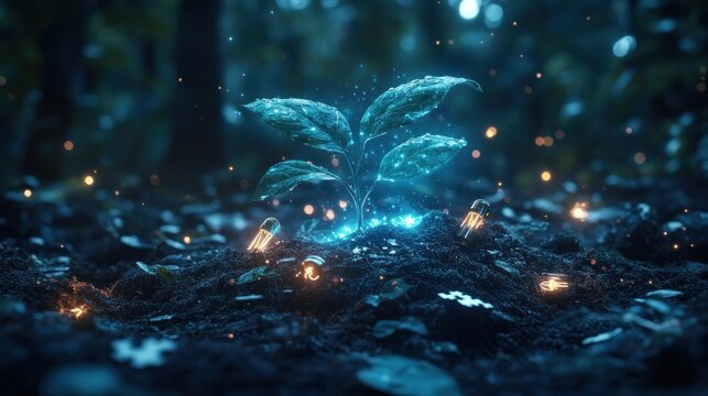 Magical seedling sprouting in a mystical forest