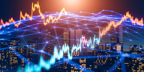 Obraz premium A close-up of a night city panorama with a web-like network hologram of stock market analytics and financial growth patterns hovering over it.