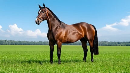 Majestic brown horse in a grassy field under a vibrant blue sky
