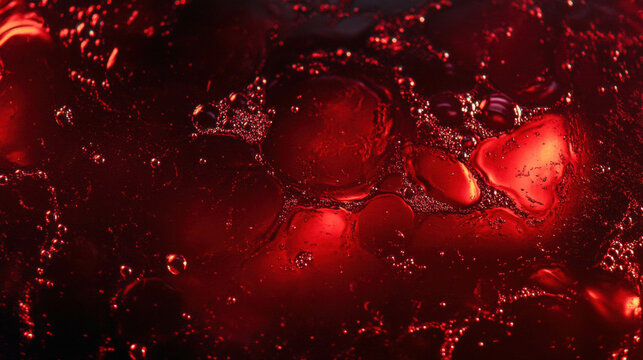 Rich red wine texture close-up with bubbles and light reflections
