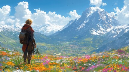 Adventurer views alpine meadow, snow-capped mountains