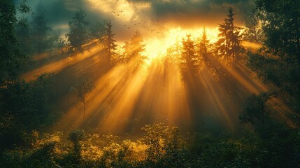 Naklejka premium Golden sunrise rays illuminate misty forest.