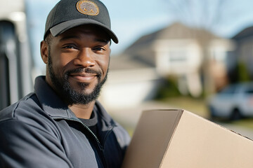 A professional mover in uniform smiles while holding a labeled cardboard box beside a moving truck in a friendly suburban area during daylight