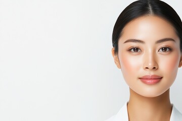 Realistic Photo of an Asian Woman with Perfect Skin, Full Frame Head and Shoulders, White Background, High-Quality Beauty Portrait