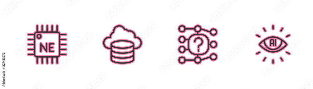 Poster Set line Processor CPU, Neural network, Cloud database and Artificial intelligence AI icon. Vector
