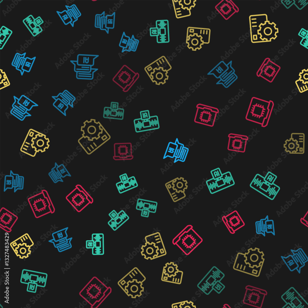 Poster Set line Chat bot, Artificial intelligence AI, Neural network and Processor CPU on seamless pattern. Vector