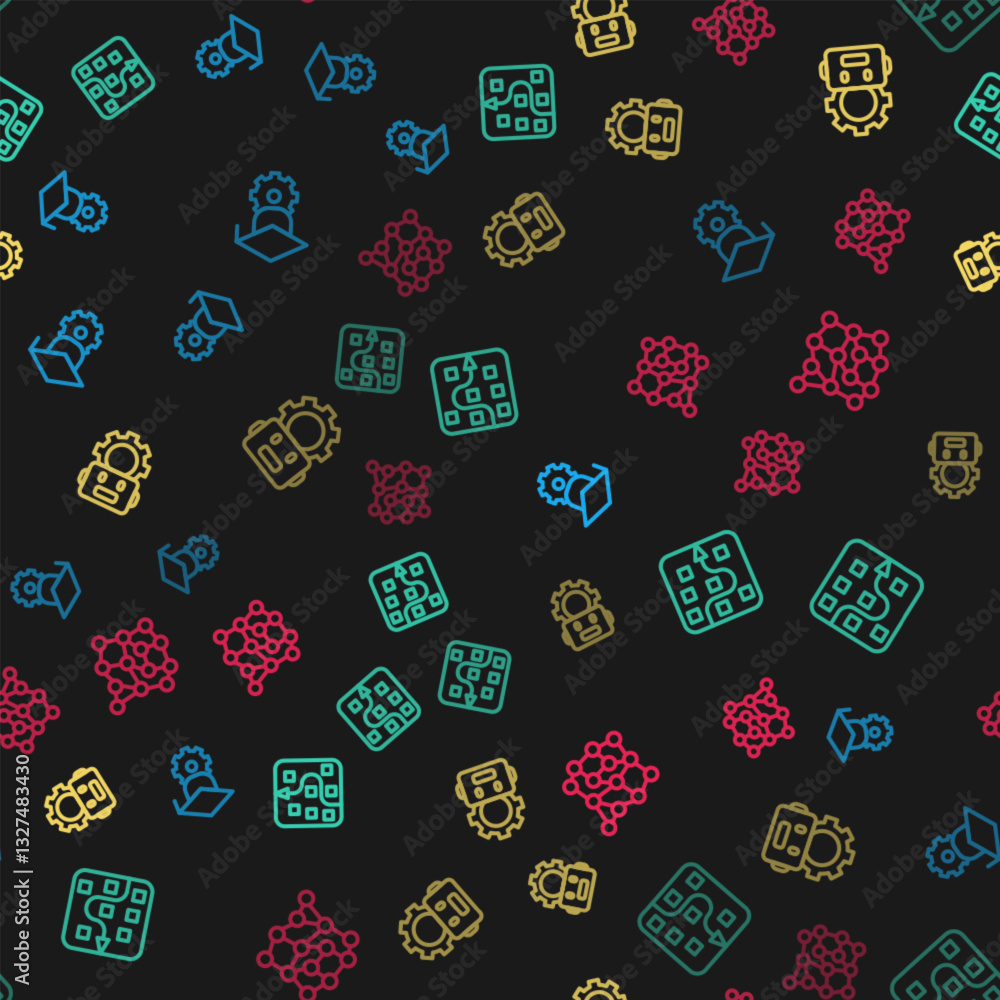 Poster set line graduation cap, neural network, robot setting and on seamless pattern. vector