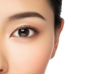 Realistic Photo of an Asian Woman with Perfect Skin, Full Frame Head and Shoulders, White Background, High-Quality Beauty Portrait