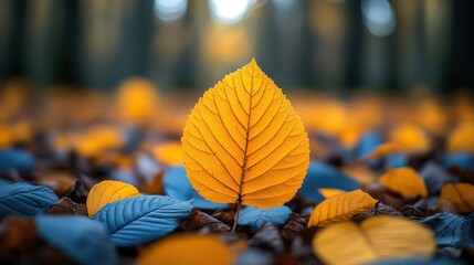 Obraz premium Single golden leaf stands out in autumn forest floor