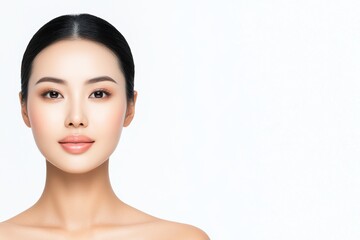 Realistic Photo of an Asian Woman with Perfect Skin, Full Frame Head and Shoulders, White Background, High-Quality Beauty Portrait