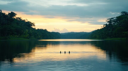 A serene lake at sunset with three figures silhouetted in the water, surrounded by lush greenery and a colorful sky.
