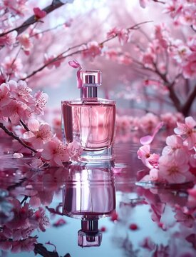 Un elegante frasco de perfume rosado se refleja entre flores de cerezo, creando una escena delicada y rom&aacute;ntica.