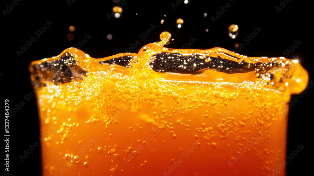 Poster vibrant orange juice splash with pulp close-up for refreshment concepts