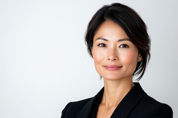 Realistic Photo of an Asian Woman with Perfect Skin, Full Frame Head and Shoulders, White Background, High-Quality Beauty Portrait