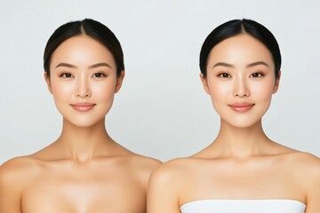 Realistic Photo of an Asian Woman with Perfect Skin, Full Frame Head and Shoulders, White Background, High-Quality Beauty Portrait