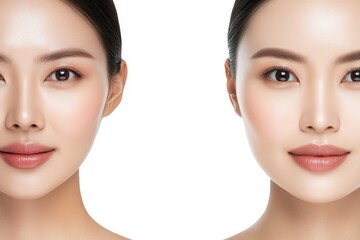 Realistic Photo of an Asian Woman with Perfect Skin, Full Frame Head and Shoulders, White Background, High-Quality Beauty Portrait
