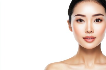 Realistic Photo of an Asian Woman with Perfect Skin, Full Frame Head and Shoulders, White Background, High-Quality Beauty Portrait