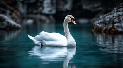Fototapeta premium Majestic swan on tranquil turquoise lake