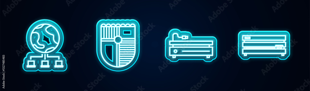Aufkleber set line computer network, shield for game, video console and . glowing neon icon. vector