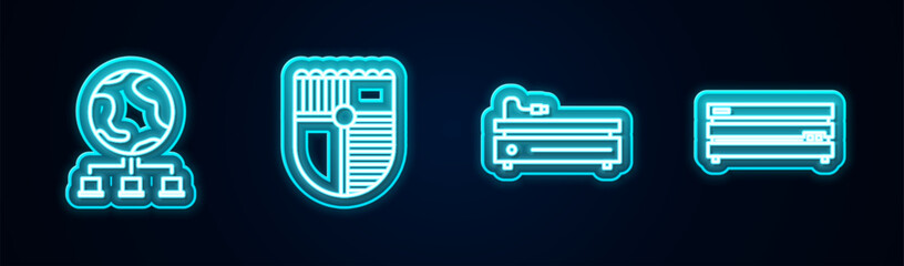 Set line Computer network, Shield for game, Video console and . Glowing neon icon. Vector © vector_v