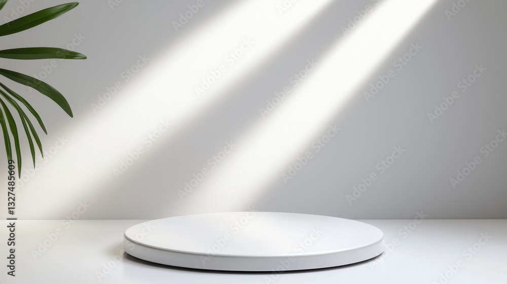 Poster minimalist shadows round podium mockup on white floor illuminated by window light beams creating whi