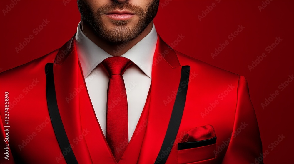 Poster close-up of a man in a vibrant red suit against a bold red backdrop. the rich color and sharp tailor