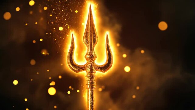 A majestic golden trident glowing with divine energy, symbolizing power, spirituality, and Hindu mythology, often associated with Lord Shiva. . High quality 4k footage