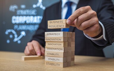 Building Resilience: A focused business person carefully places a wooden block labeled "Business Resilience" atop a tower of blocks representing core values in a strategic planning scenario.