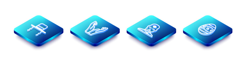 Set Isometric line Orthodox jewish hat with sidelocks, Hands in praying position, Man third eye and Easter egg icon. Vector