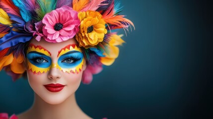 Naklejka premium Vibrant Portrait of a Beautiful Woman with Colorful Floral Headpiece and Artistic Face Makeup