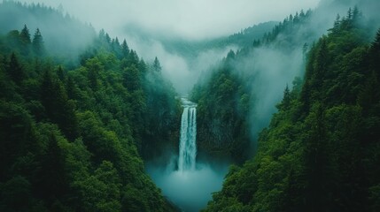 Majestic waterfall cascading through lush, misty forest