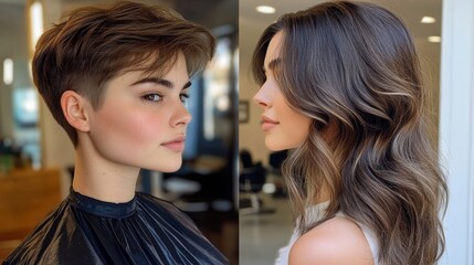 Beauty transformation in Saint Petersburg salon showcasing short hair contrasted with long, voluminous locks in warm lighting Generative AI