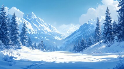 Snowy mountain valley landscape, serene winter scene, ideal for backgrounds