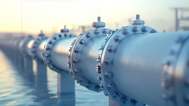 Coastal pipeline infrastructure at sunrise; industrial energy transport; sea background; for energy industry reports