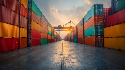Colorful shipping containers at sunset, port logistics, global trade, industrial background; website/brochure use