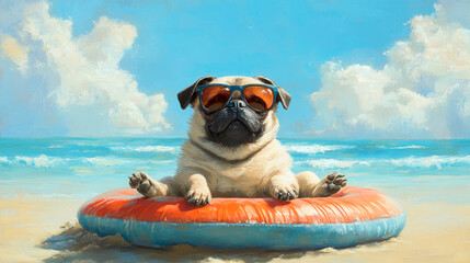 illustration vacation on the sea coast. funny pug sits on an inflatable ring on the seashore