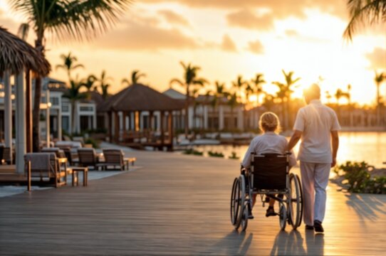out-of-focus background of woman in wheelchair with assistance or companion at vacation resort - Powered by Adobe
