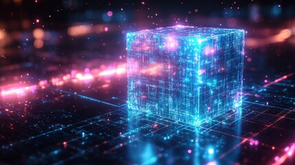 Obraz premium Glowing digital cube futuristic network data