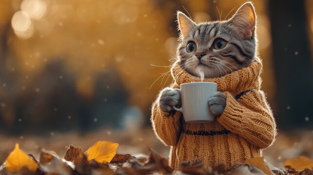 Adorable cat wearing a autumn, sweater hot enjoying a warm beverage in a beautiful fall setting holding a cup of cozy coffee