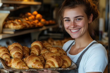 Woman holding a tray of freshly baked croissants in a cozy bakery setting.