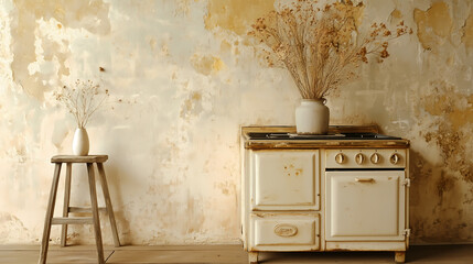Wabi-Sabi kitchen with an antique iron stove, a rough wooden stool, and simple dried flowers resting in a handmade ceramic vase