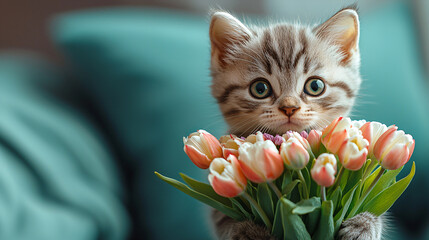 Adorable Fluffy Kitten with tulips on Pastel Blue Background