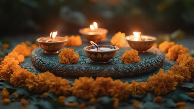 Traditional circular rangoli pattern adorned with marigold flowers and diyas celebrates a Hindu festival, showcasing the beauty of Indian culture during festive times