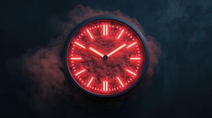 A glowing red clock surrounded by a smoky background, symbolizing time and urgency.