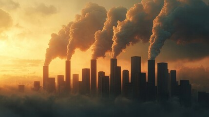 Obraz premium A city skyline is silhouetted against a sunset, with smoke billowing from tall buildings, reflecting industrial pollution and environmental concerns.