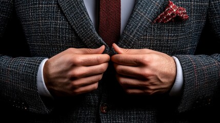 A man adjusts his dark gray suit jacket, showcasing a maroon tie and a red pocket square.